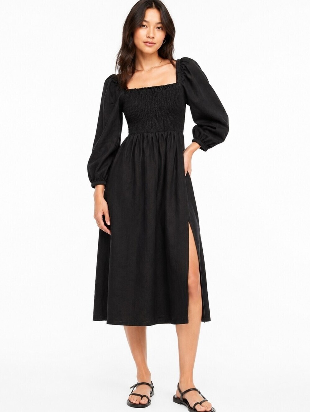 J.Crew Black Linen Smocked Puff Sleeve Midi Dress Small Cottagecore Quiet Luxury